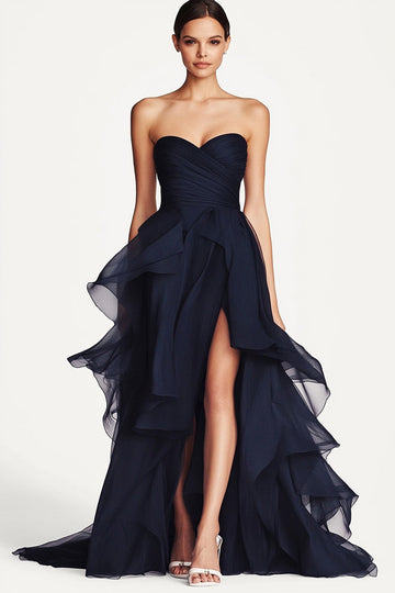 Elegant Navy Ruffled A Line Sweetheart Formel Kjole med Slids